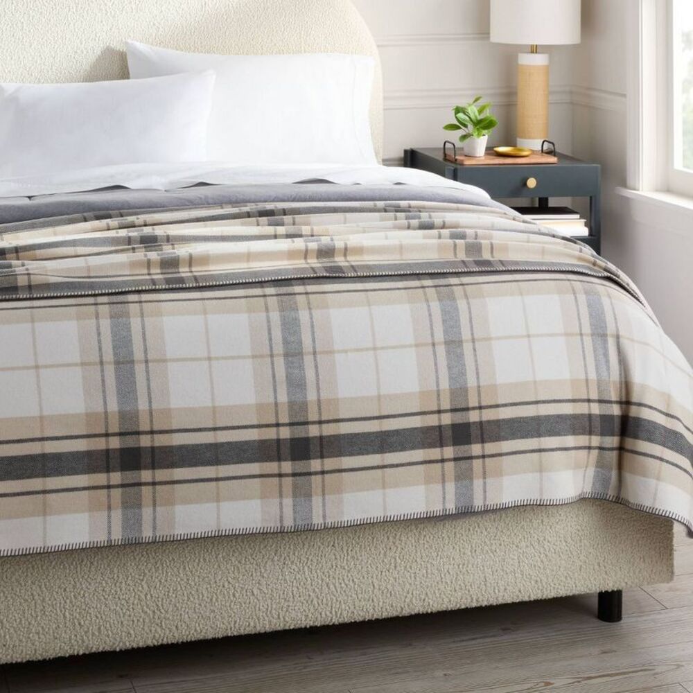 Full/Queen Brushed Cotton Blanket Neutral Plaid - Threshold - Picture 2 of 3